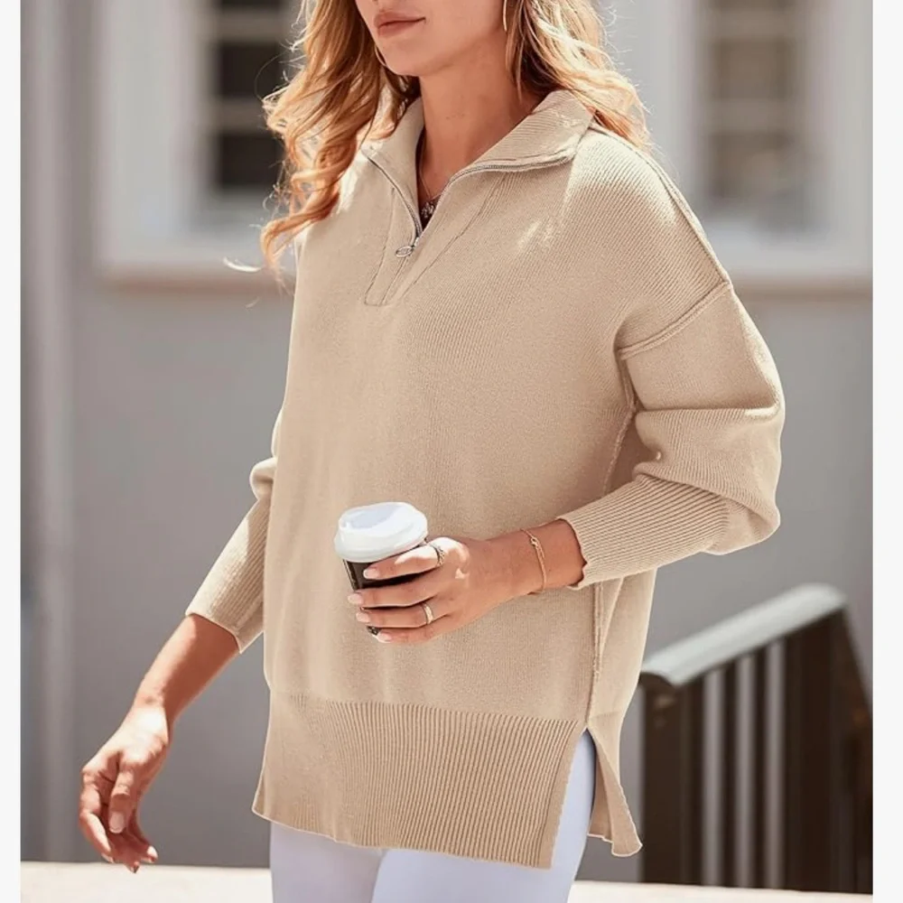 Pretty Garden Half Zip Pullover Sweater Tan Beige Knit Varley Old Money Medium